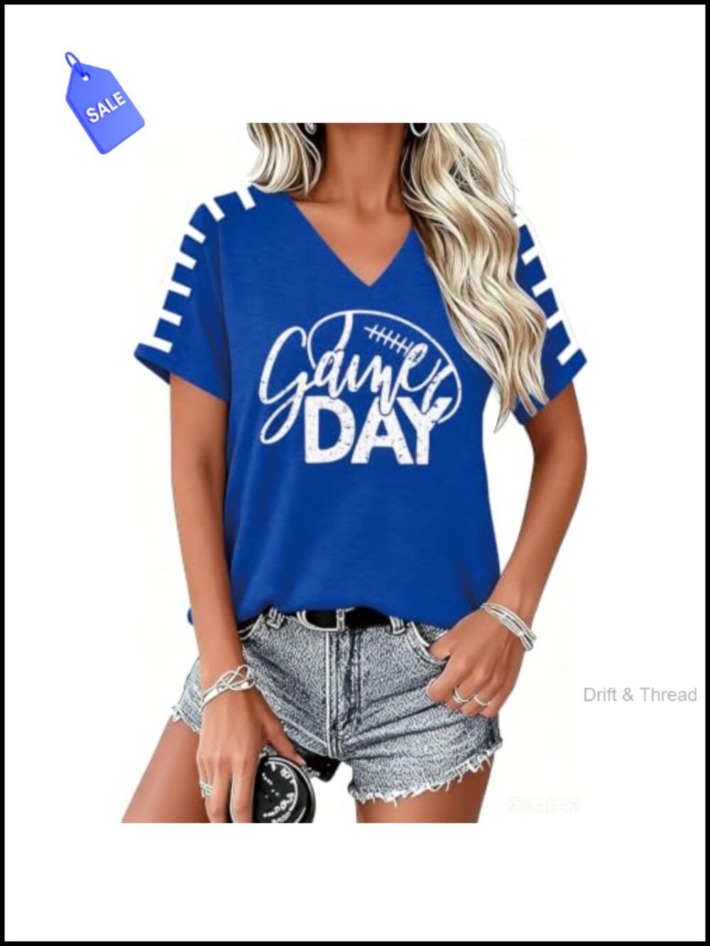 Women's V-Neck Football Mom Game Day T-Shirt Short Sleeve Cotton Blend